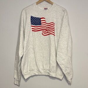 Vintage 90s Hanes Gray Crewneck Sweater with American Flag Screen Print XXL